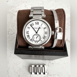 Michael Kors Silver Watch w/ CZ Around Face w/ Kors Lock CZ Silver Bangle